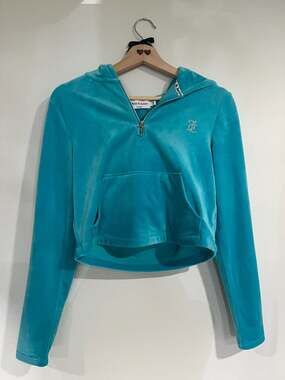 Juicy Couture Velour Quarter-Zip Cropped Hoodie Teal Size XS